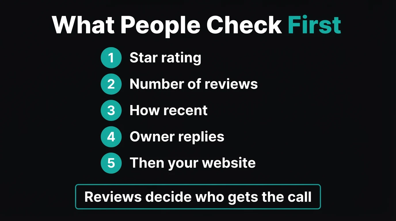 Infographic: what people check before they call — star rating, number of reviews, how recent, owner replies, then your website